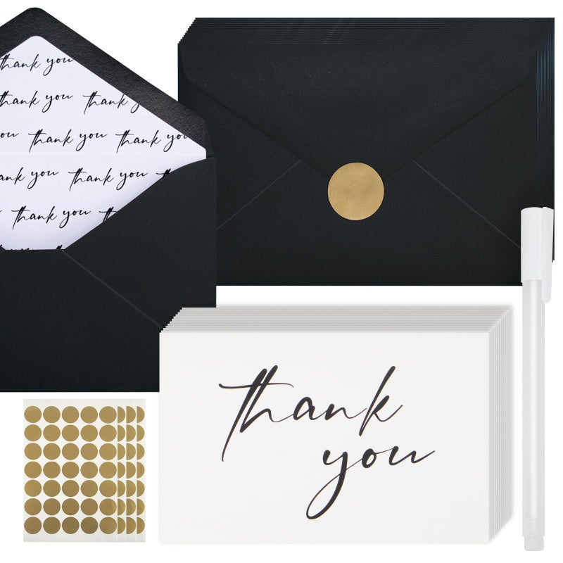 AZAZA Black Thank You Cards with Envelopes 4x6 inch, Bulk 100 Pack Thank You Notes 4 Minimalistic Designs, Funeral Thank You Cards with Envelopes and Gold Stickers for Graduation, Small Business - Image 1